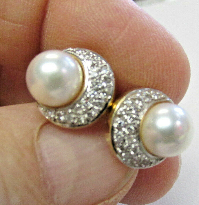 Stunning Akoya Pearl and Diamond Pave Stud Earrings in 14k Gold MAKE OFFER