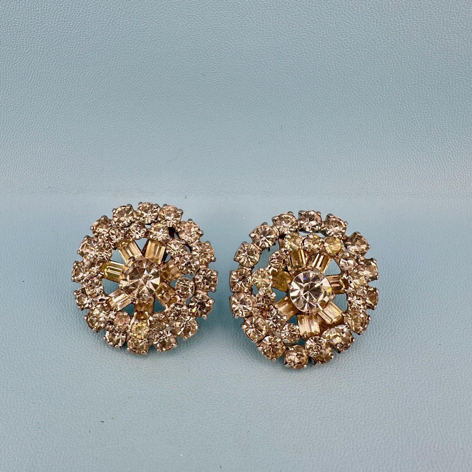 Vintage Rhinestone Earrings Silver Tone Round Cluster Baguette Prong Set Clip On