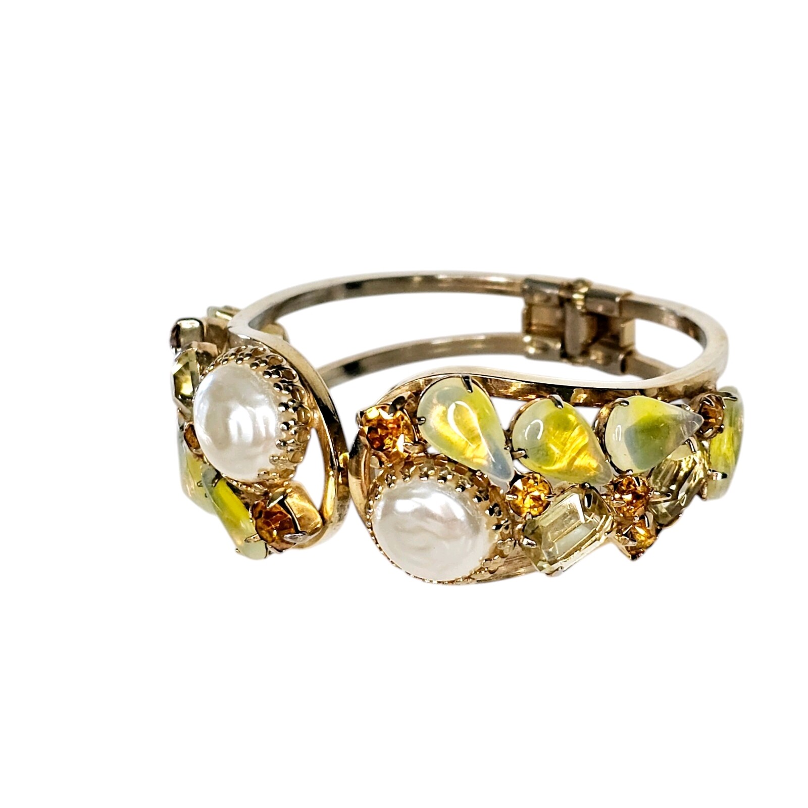 Vintage Juliana DeLizza & Elster Pearls Opalescent Rhinestone Clamper Bracelet