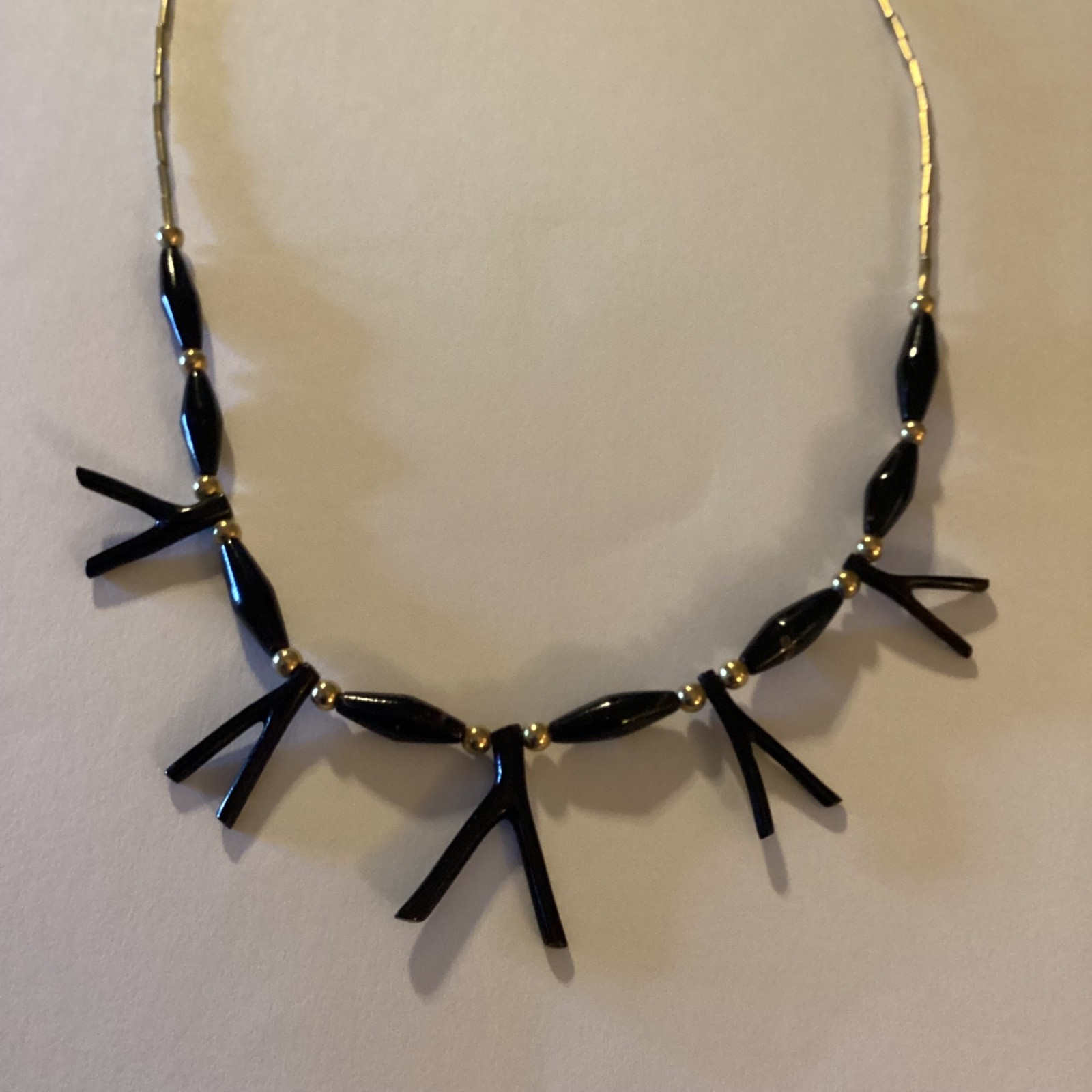 Vintage Black Coral Necklace Gold Tone Beads Mid Century Modern Statement