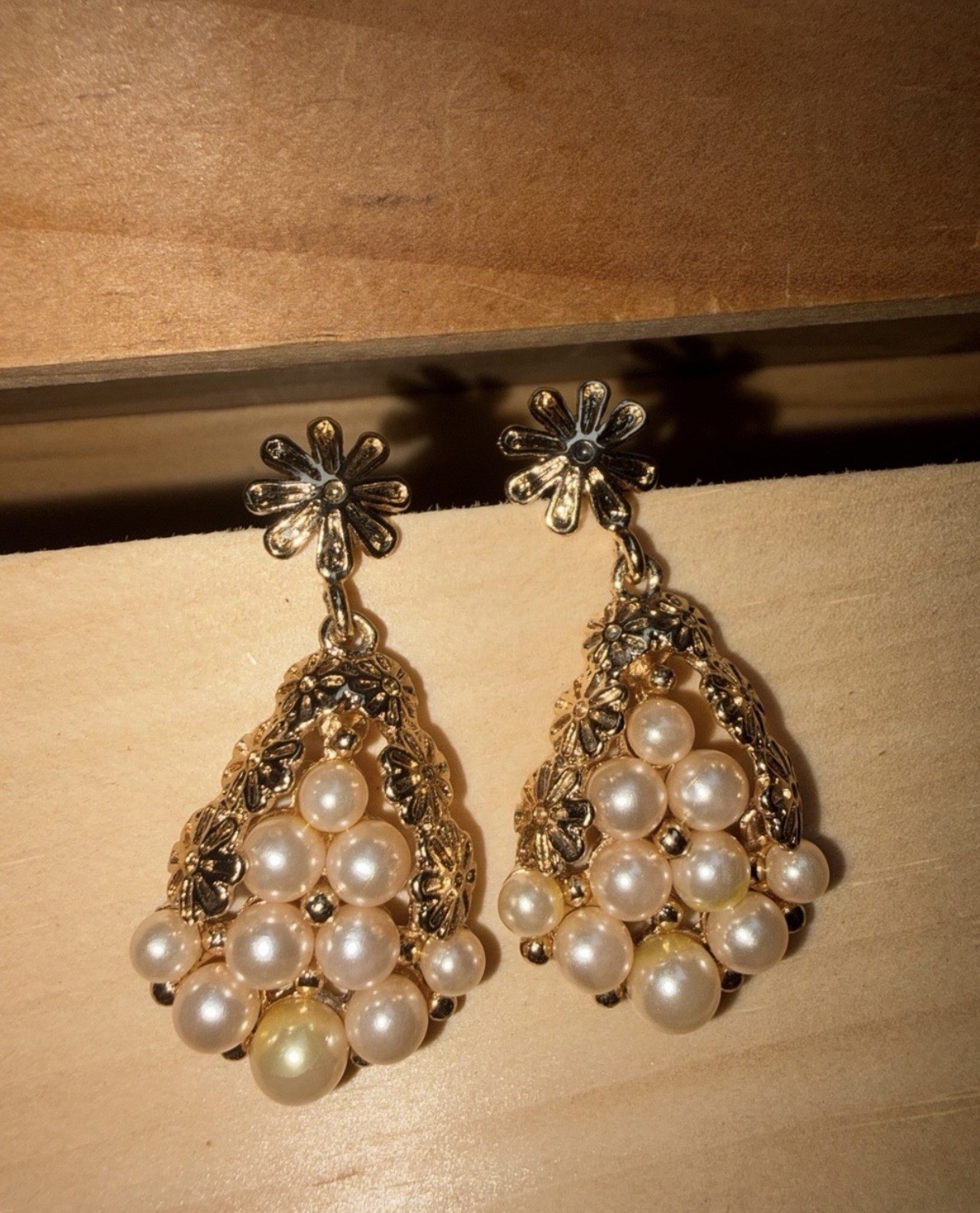Vintage Faux Pearl Chandelier Dangle Earrings Gold Tone with Floral Post