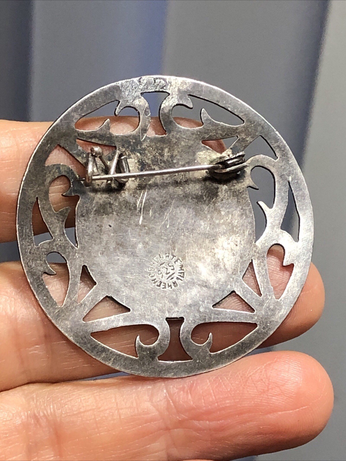 39. Vintage Old Tribal 925 Sterling Mayan Round Cut Out Pin Guatemala 45mm, 9g