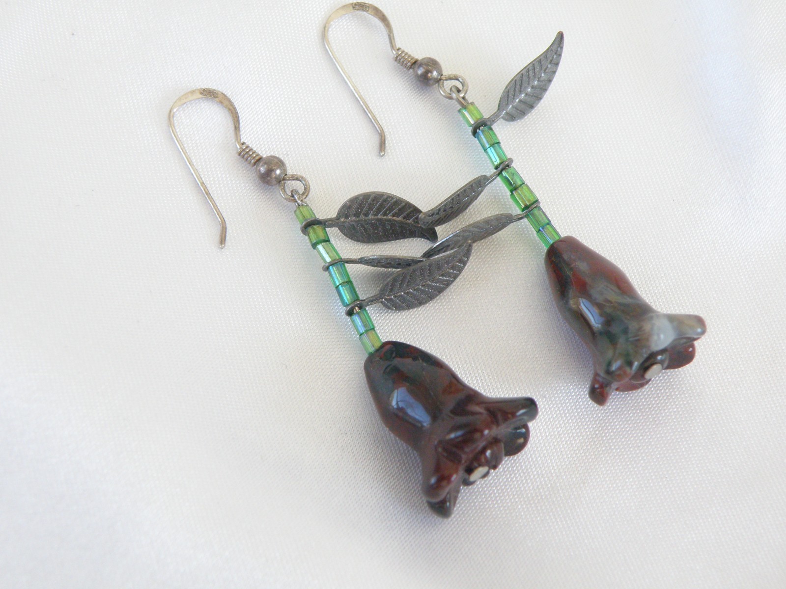 Vintage Sterling Silver 925 Artisan Tulip Flower Carved Stone Dangle Earrings