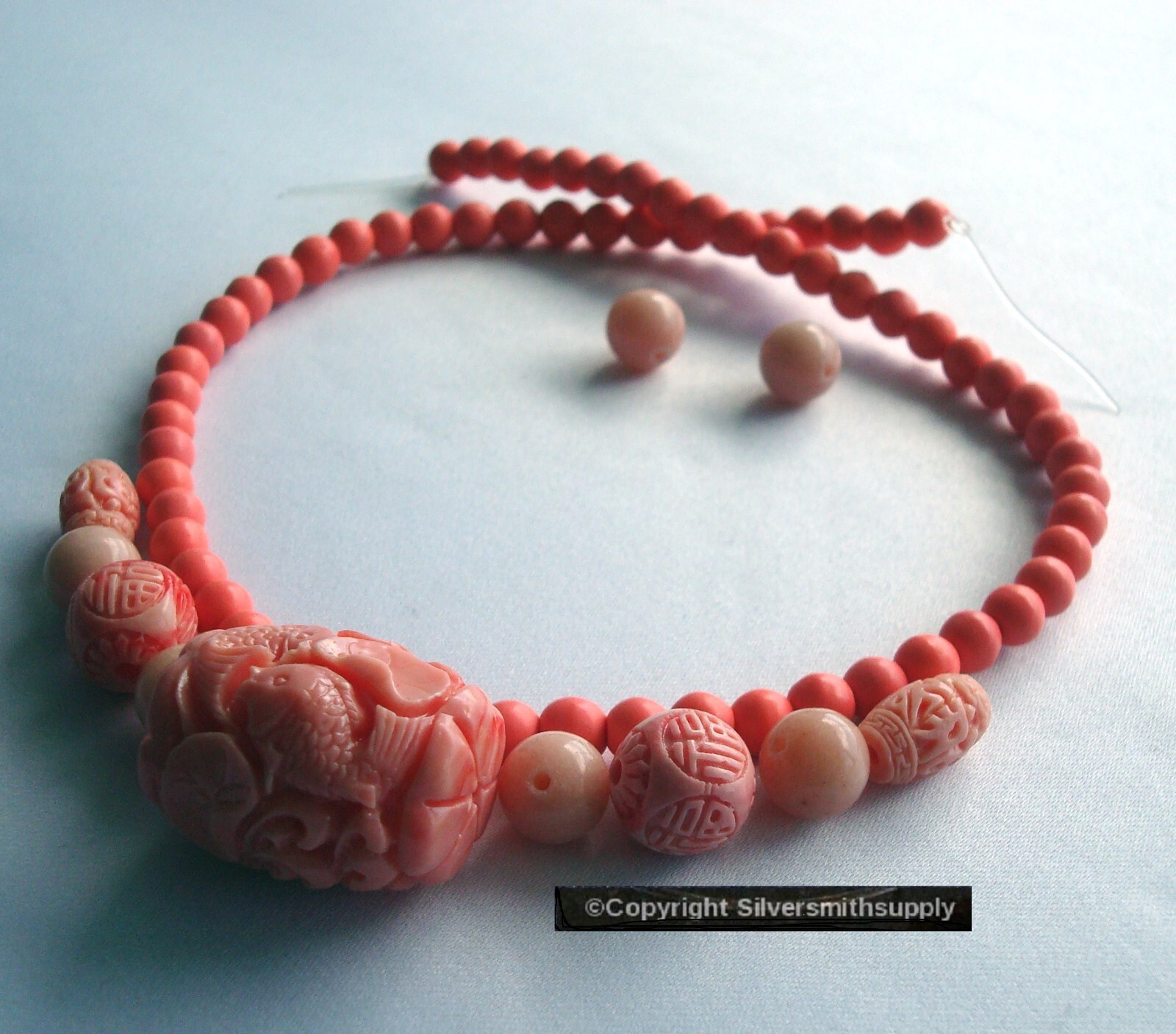 5 Carved Angel Skin Faux Coral Beads Huge 30x22mm Center 68pcs 6mm 16″ KIT012