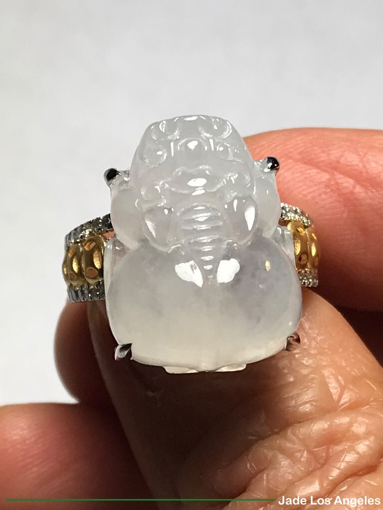 Pi Xiu Pixiu Icy Jadeite Jade 18K White/Rose Gold Diamond Ring 45ct Size:7.5