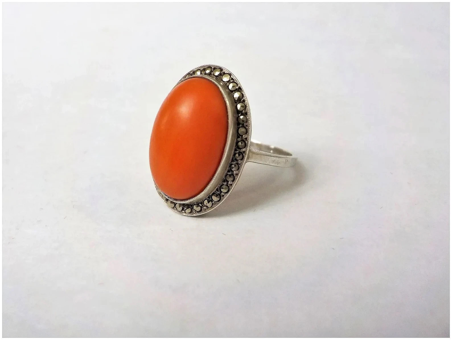 Vintage Art Deco Large Oval Red Coral Marcasite Sterling Silver Ring