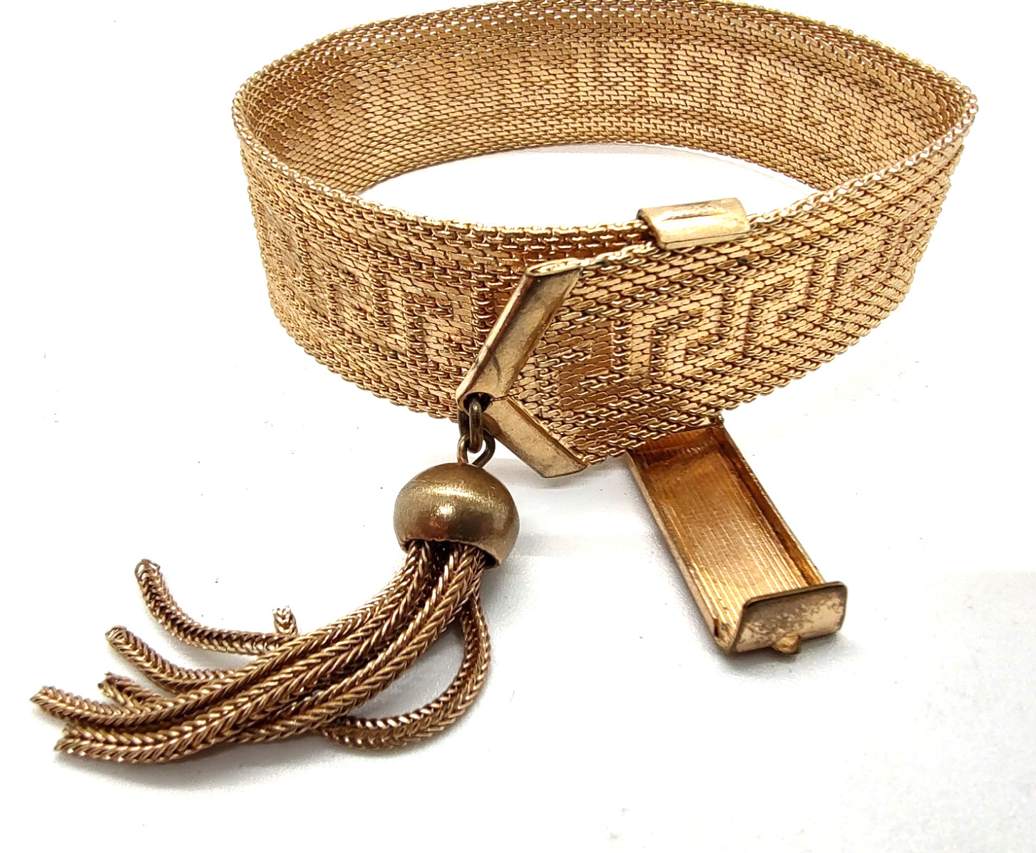 Art Deco Byzantine Greek Key Chain Tassel Gold Tone Mesh Slide Bracelet!
