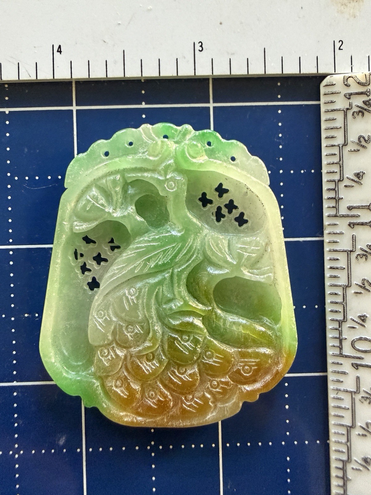 Chinese Jade Pendant, double sided carved. 2.25 x 1.8 x 0.25 inch approximately