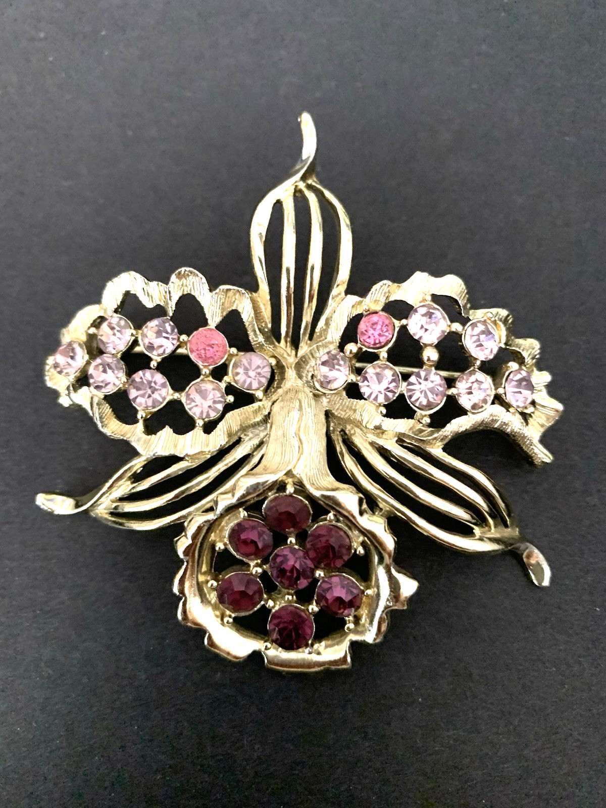 Gold Tone Orchid Brooch with Pink and Purple Stones