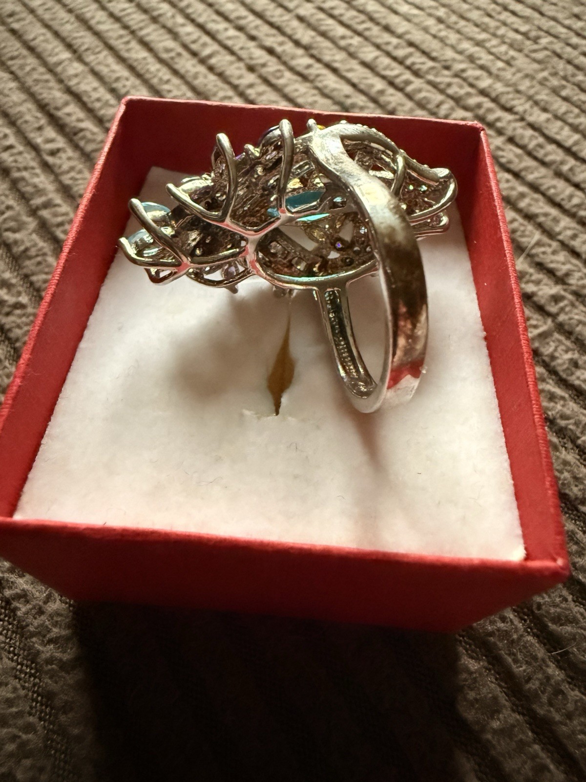 Silver Cocktail Ring with Multicolor Gemstones, Marquise Blue Center Stone