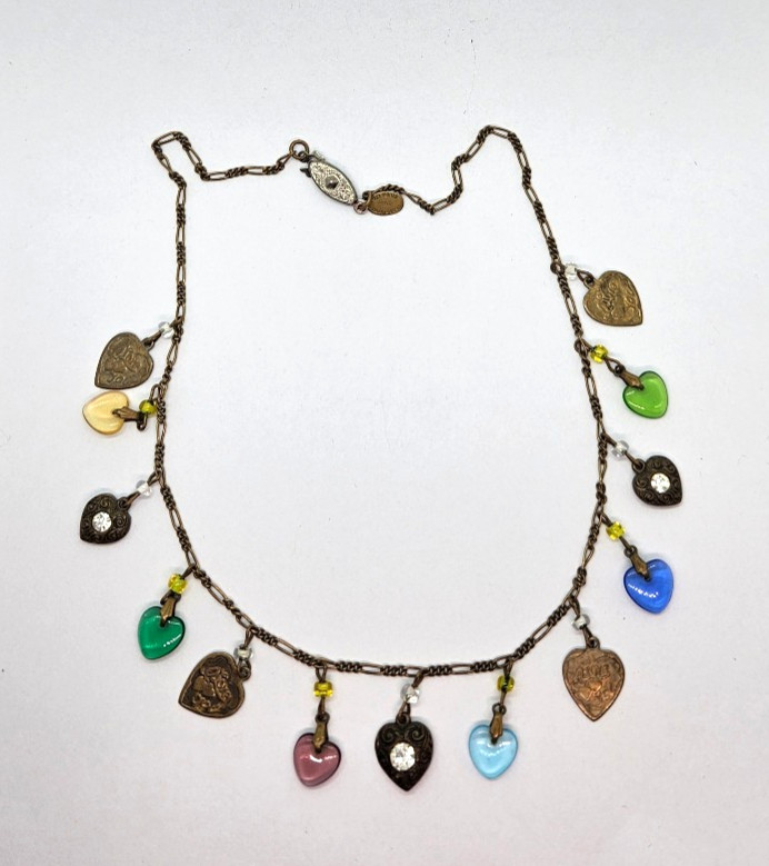 Vintage GLASS WORKS STUDIO Brass Multi Color Glass Heart Necklace 16″