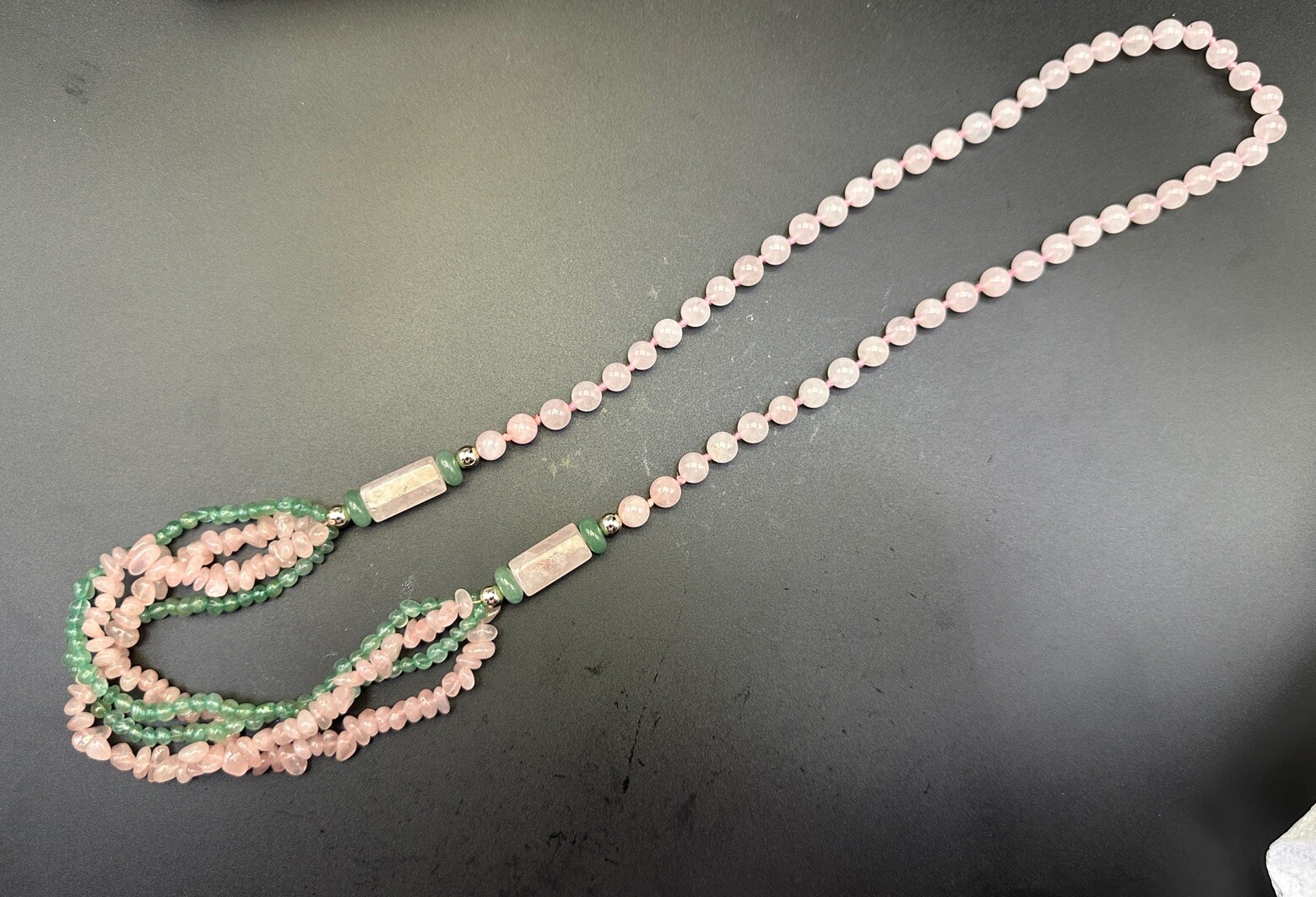 Vintage Chinese Export Multistrand Pink Rose Quartz Green Jade Necklace Stunning