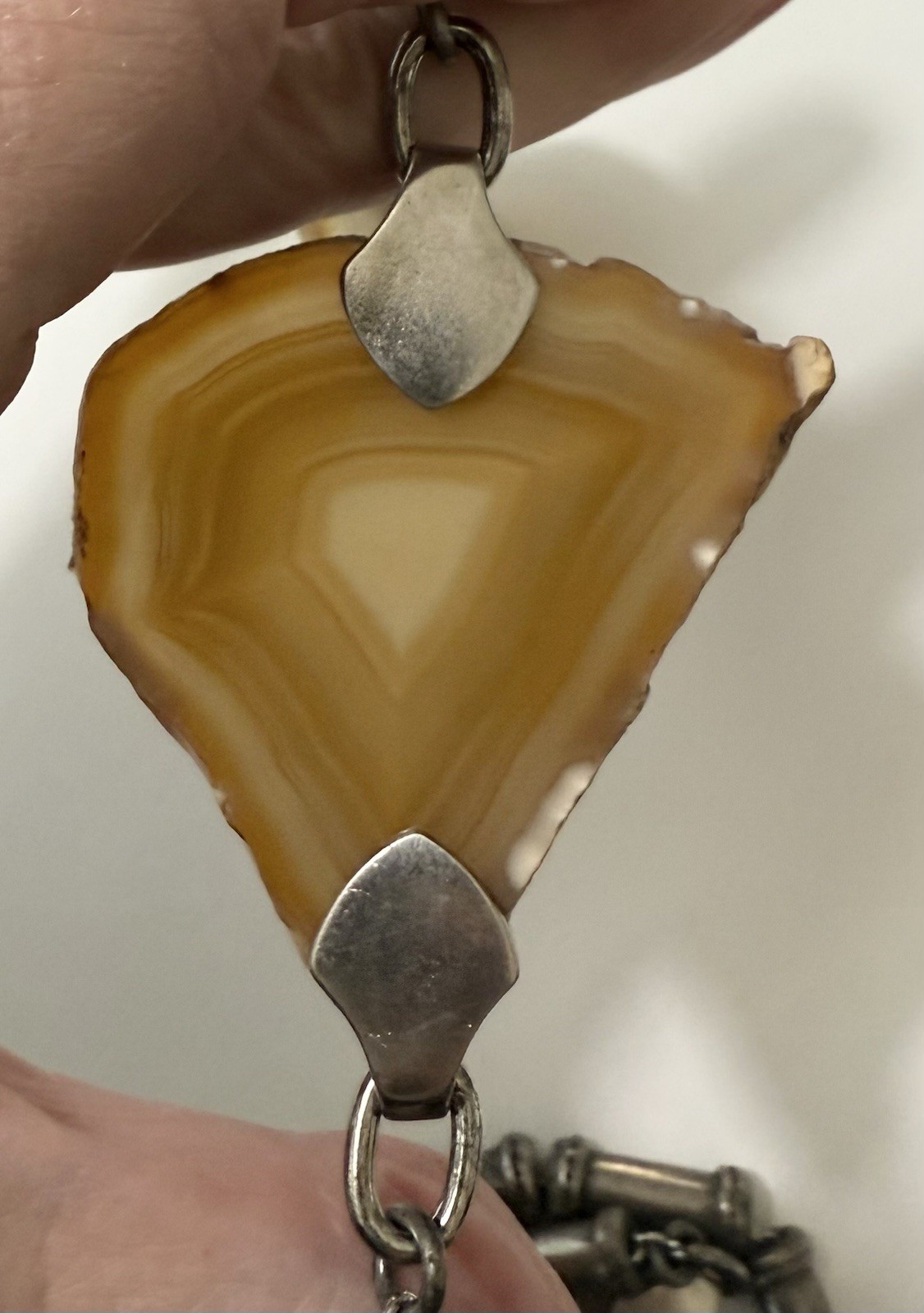 Modernist Pewter Tube Bead & Agate Geode Slices Chain Belt or Necklace 34”- 40”