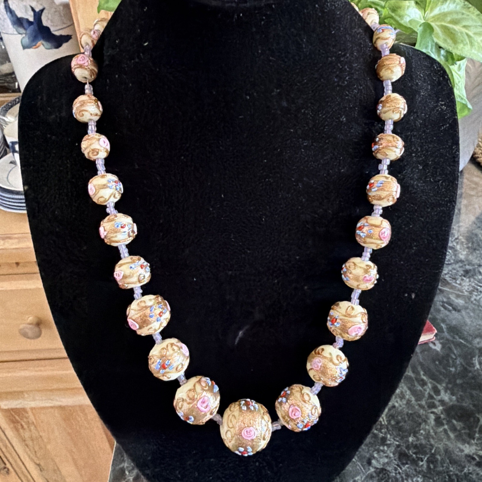 Vintage Murano Venetian Art Glass Necklace, Wedding Cake beads Ivory Gold Pink!