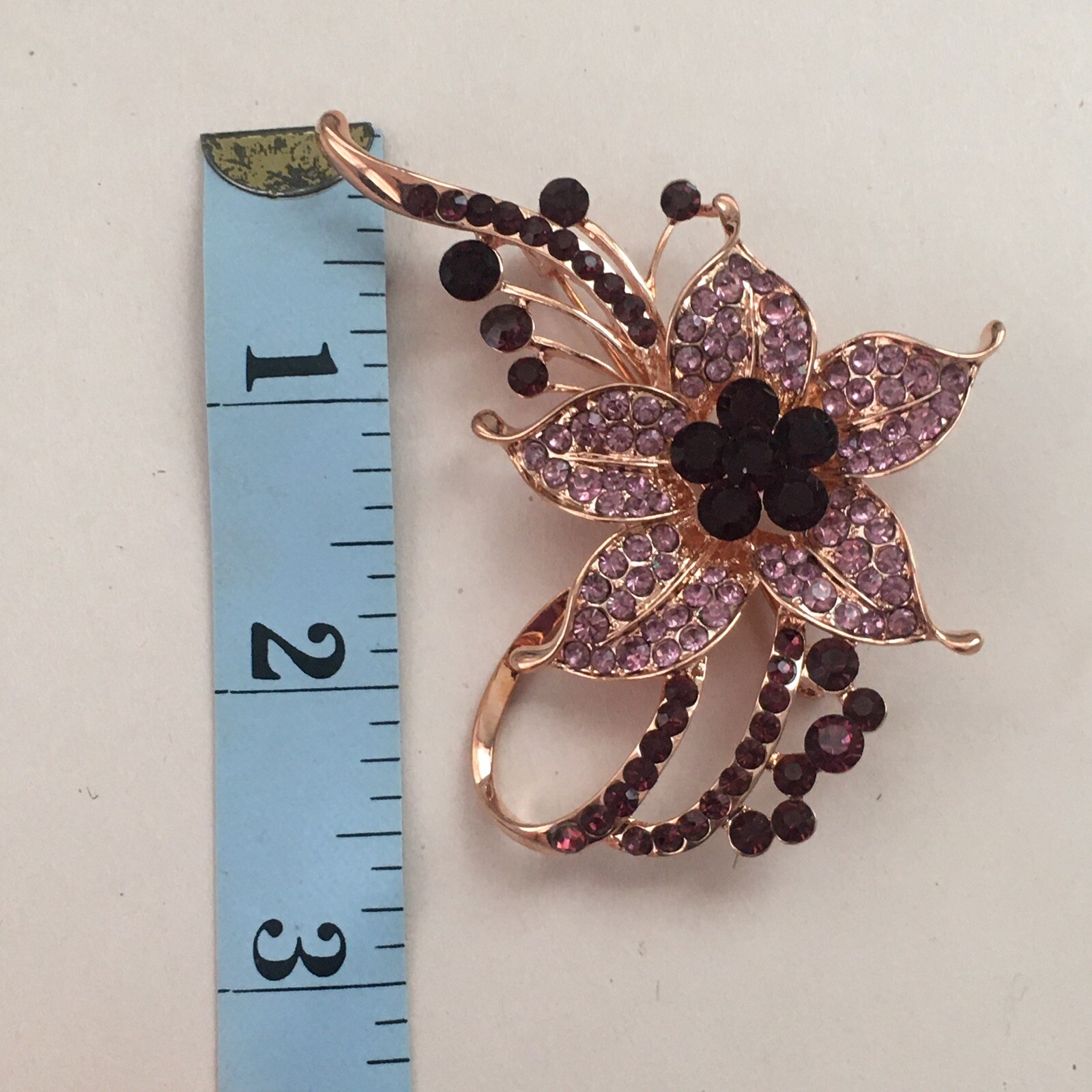 Vintage Brooch Flower Rhinestones Gold Pin Nature Floral Purple Plants Beautiful