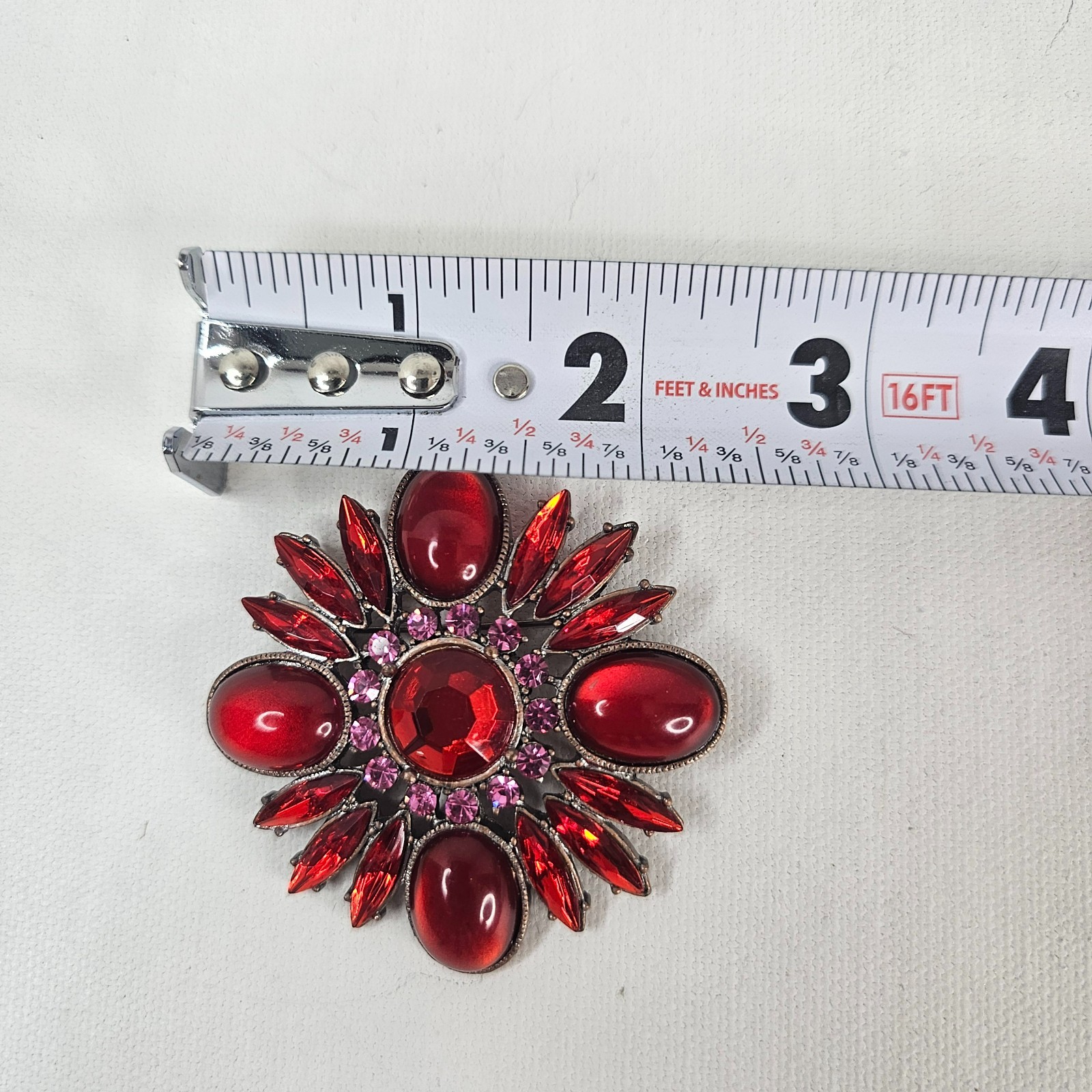 Retro Red Rhinestone Flower Brooch Fuchsia Pink Cabochon Acrylic Unmarked Jewel