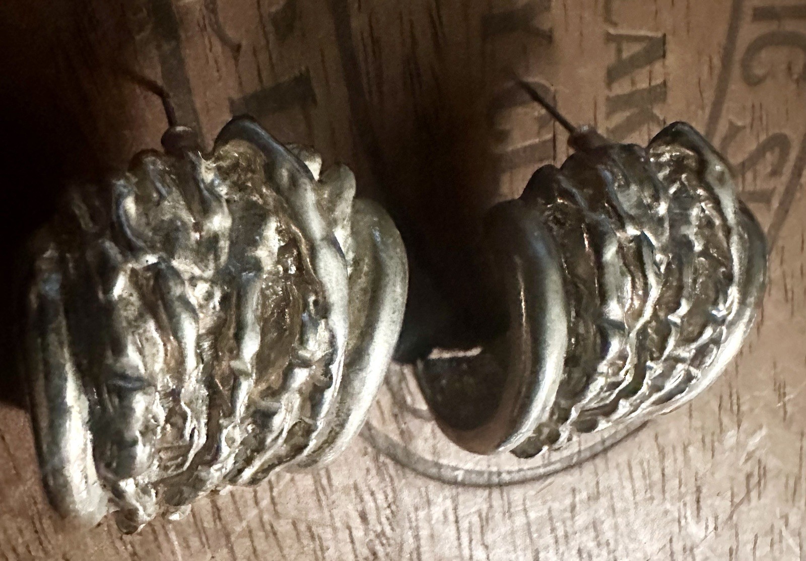 Large Vintage Modernist/Brutalist Pierced Earrings Molten Silver Half Hoop LOOK!