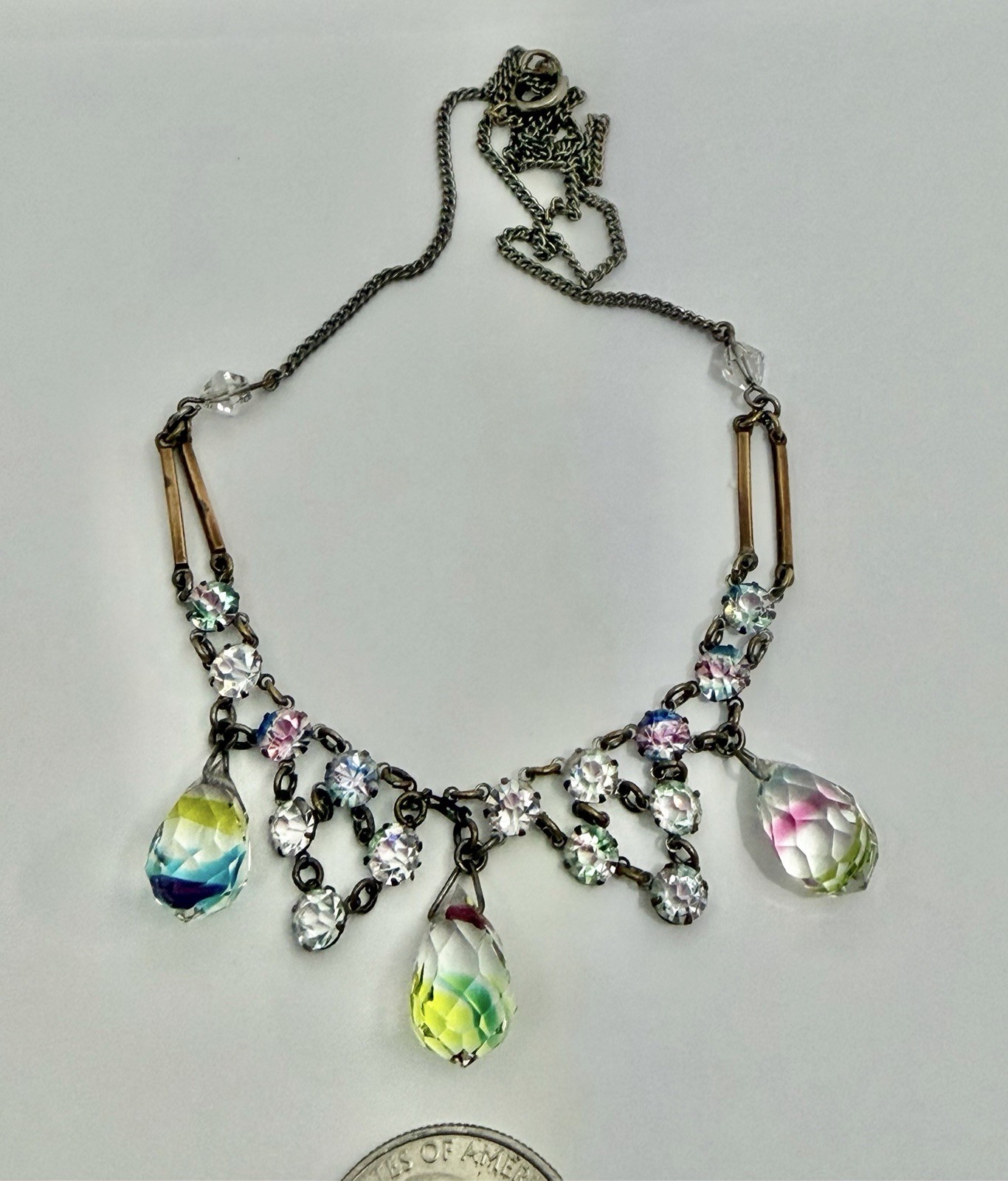 Art Deco Rainbow Iris Arc Crystal & 3 Briolettes Festoon Pendant Necklace 18”