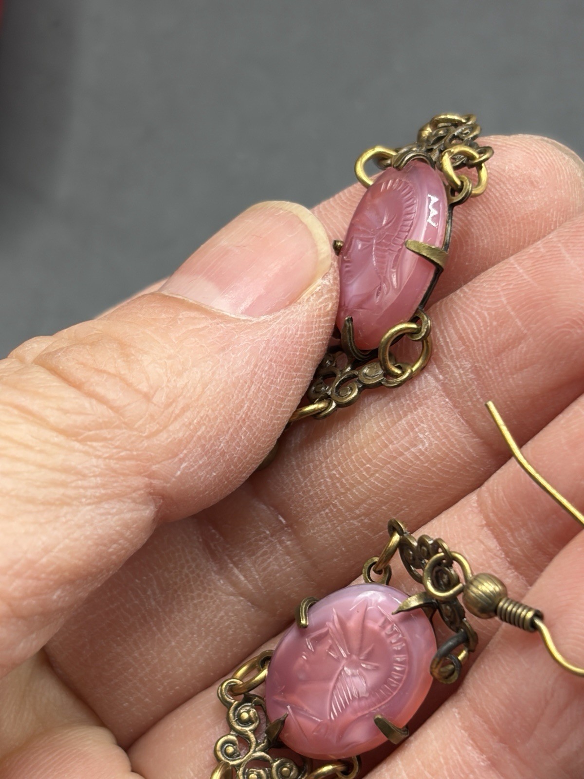 Glass Works Studio Earrings Pink Cameo Knight Dangles Openwork Gold Tone 2”