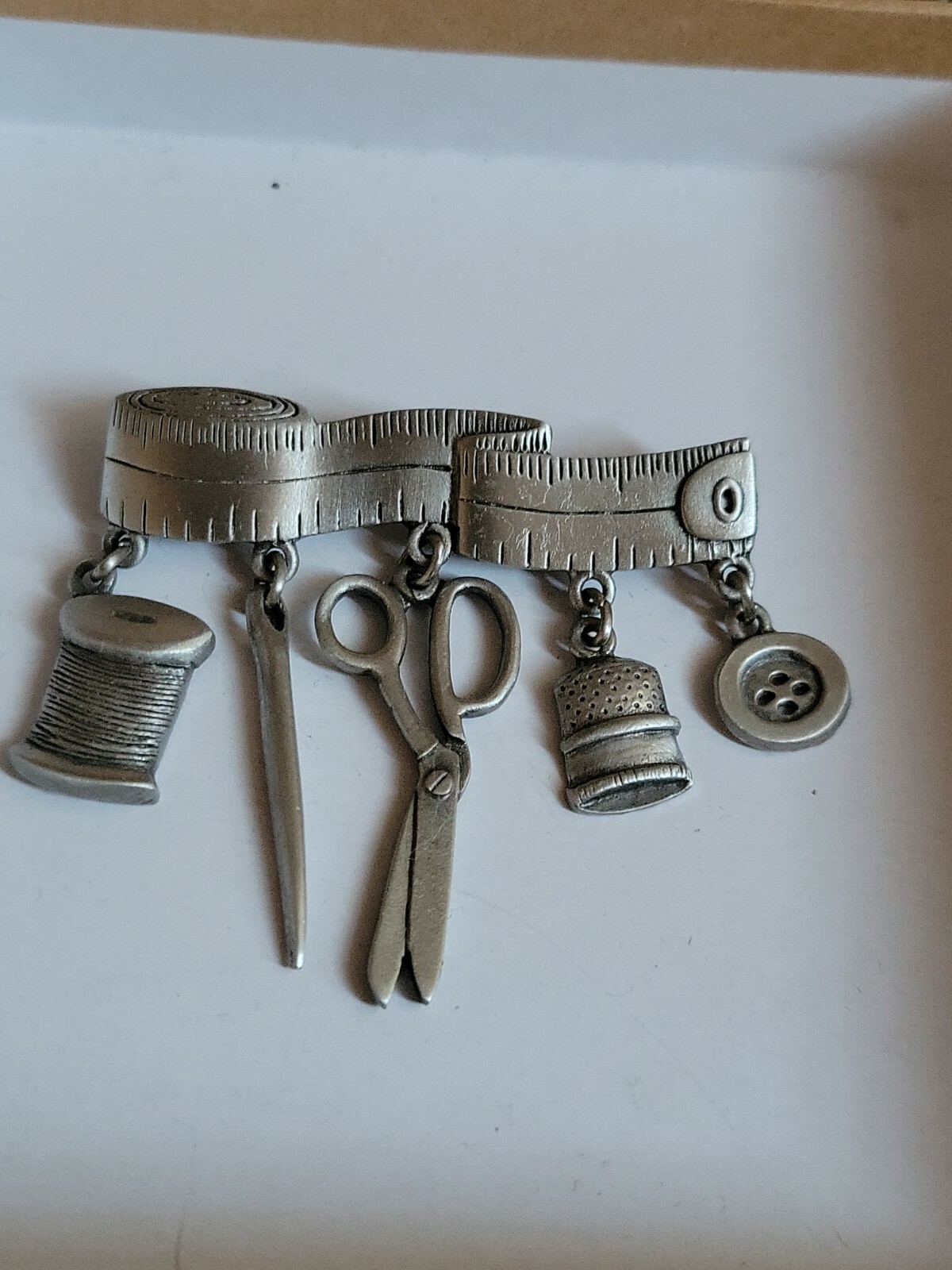 Vintage JJ Measuring Tape Brooch Pin Dangling Notions Silver Tone
