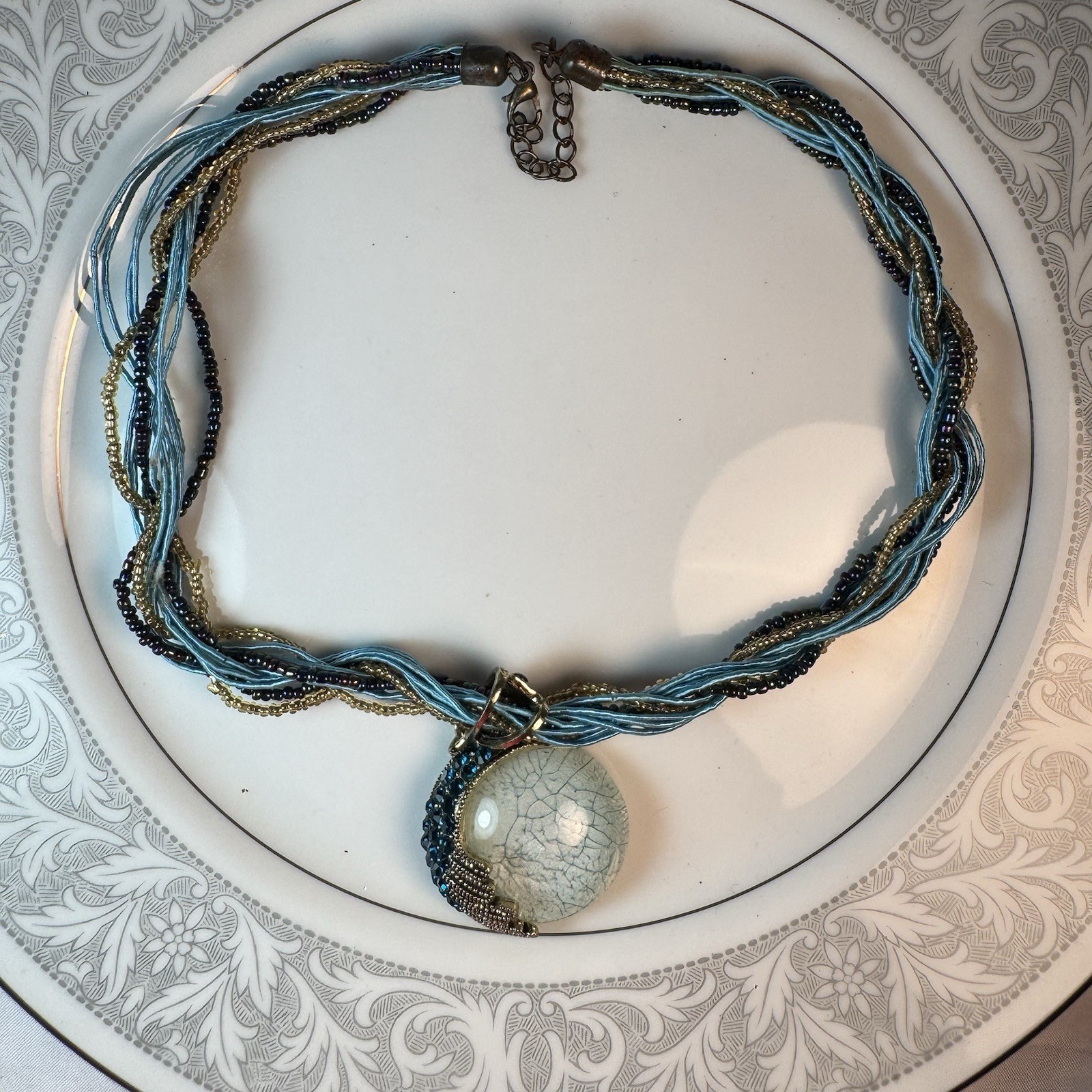 Vintage Multi Strand Beaded Choker Necklace Teal Blue Crystal Stone Pendant Boho