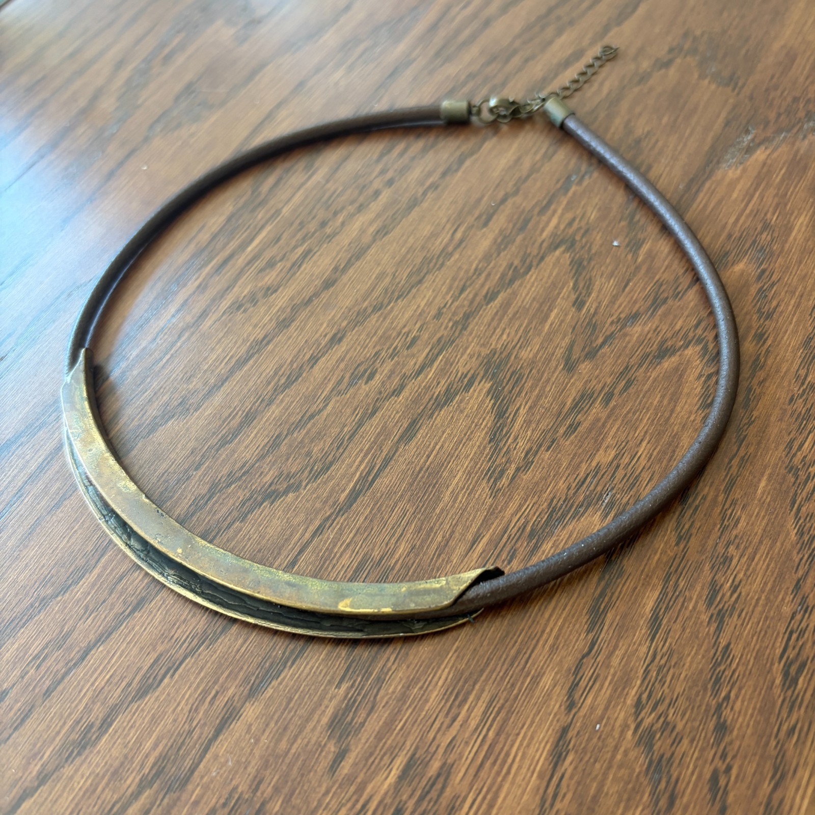 Vintage, Brass & Genuine Leather Collar Necklace, 17”(L) + 2” Extension