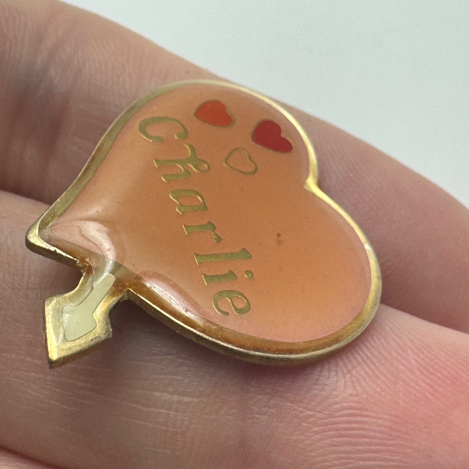 Charlie Heart Name Enamel Lapel Pin Peach Gold Tone Personalized Vintage