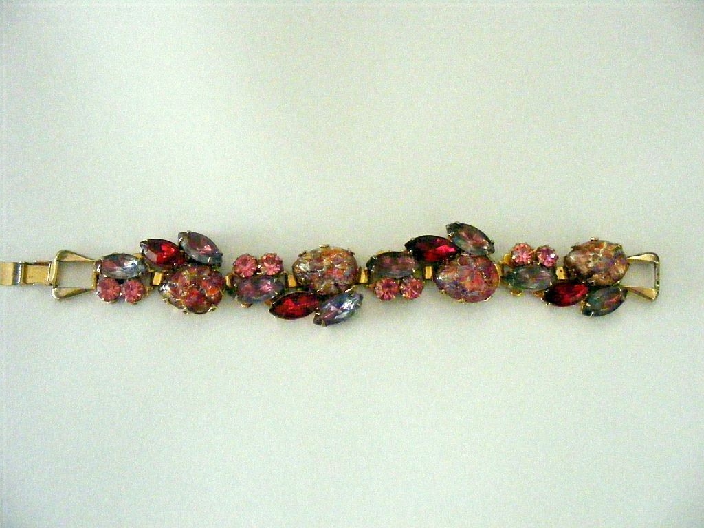 Vintage Bracelet Ornate Confetti & Rhinestones Pink, Red, Lt Purple Prong Set