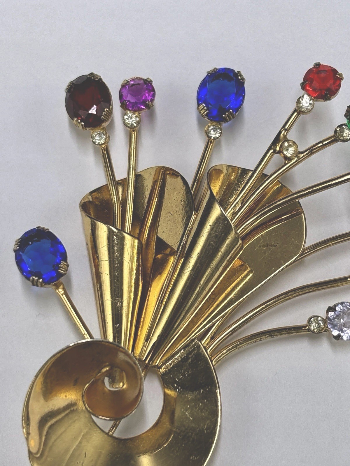 Coro Craft Adolph Katz Sterling Silver Vermeil Rhinestone Flower Spray Brooch