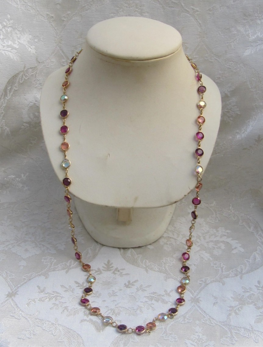 Vtg Swarovski Austrian Crystal USA Bezel Set Pink Fushia Amethyst 34″ Necklace