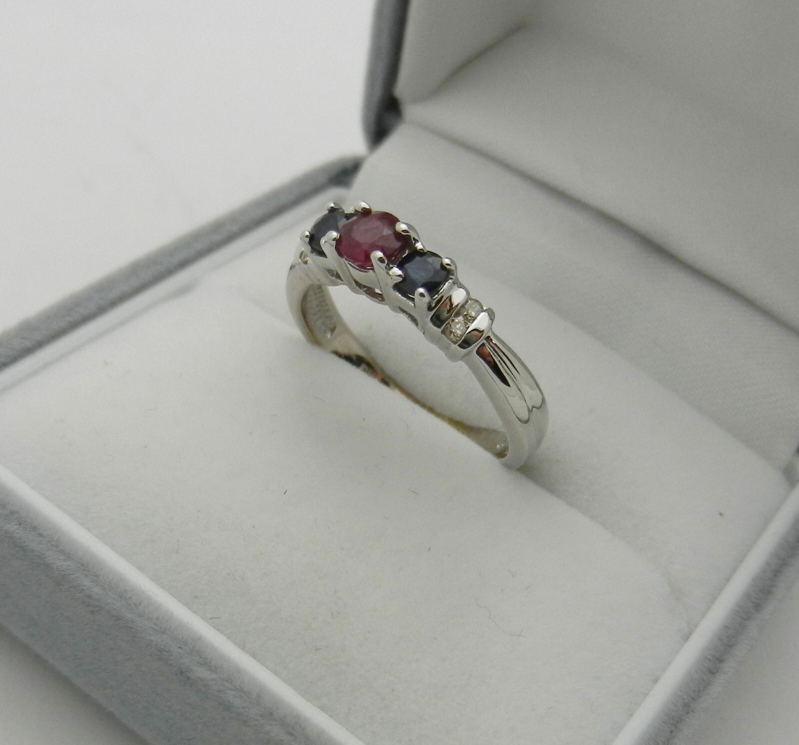 3-Stone Ruby, Sapphire Ring Band with Diamond Accents, Solid 14k Gold, size 6.25