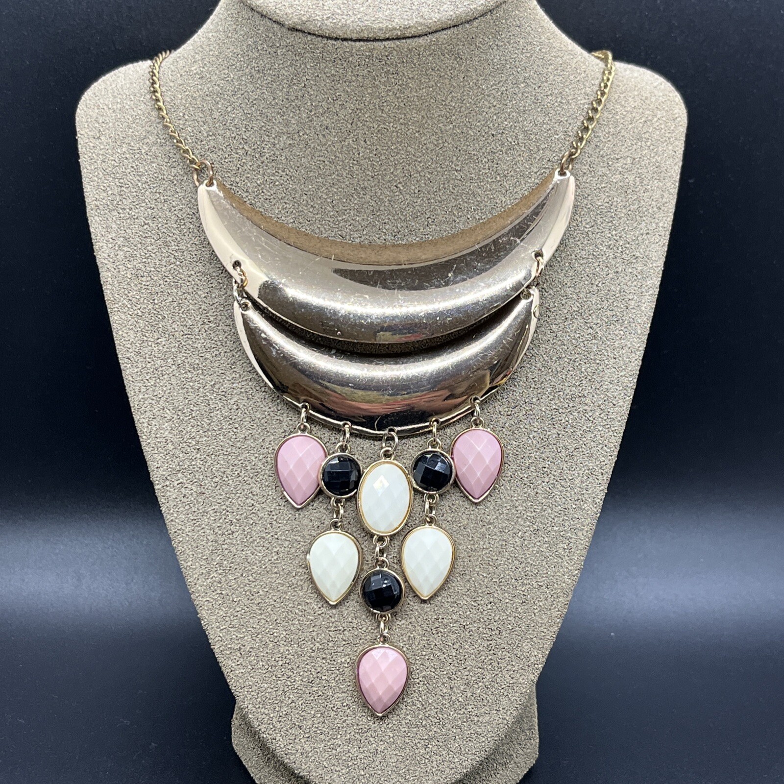Gold Bib Vintage Necklace with Pink, Black and Ivory Cabochons – 18 Inches