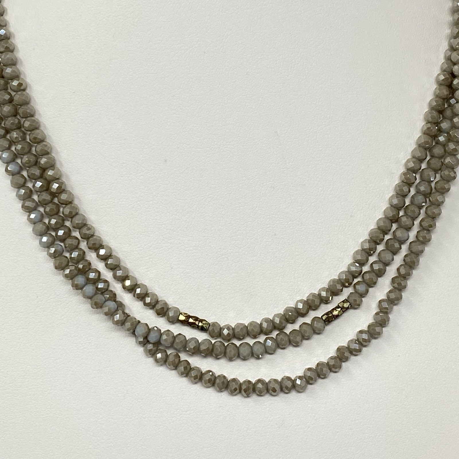 Cream Fire Polished Glass Bead Necklace Surface Coated Long Tan Faceted 60″