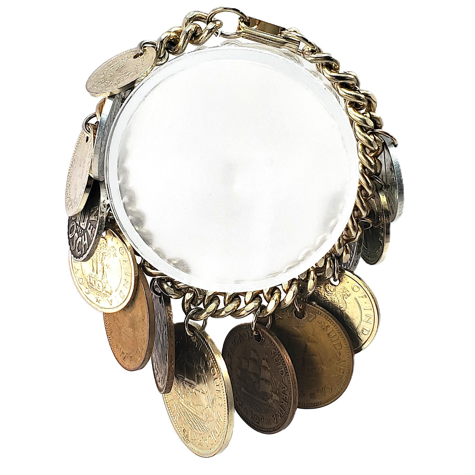 1950s CHARM Bracelet 15 REAL World Coins Gold Tone Vintage 7.25″