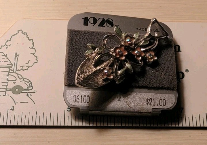 Vintage 1928 Gardening Shovel Brooch With Rhinestones Flowers Jewelry Unused