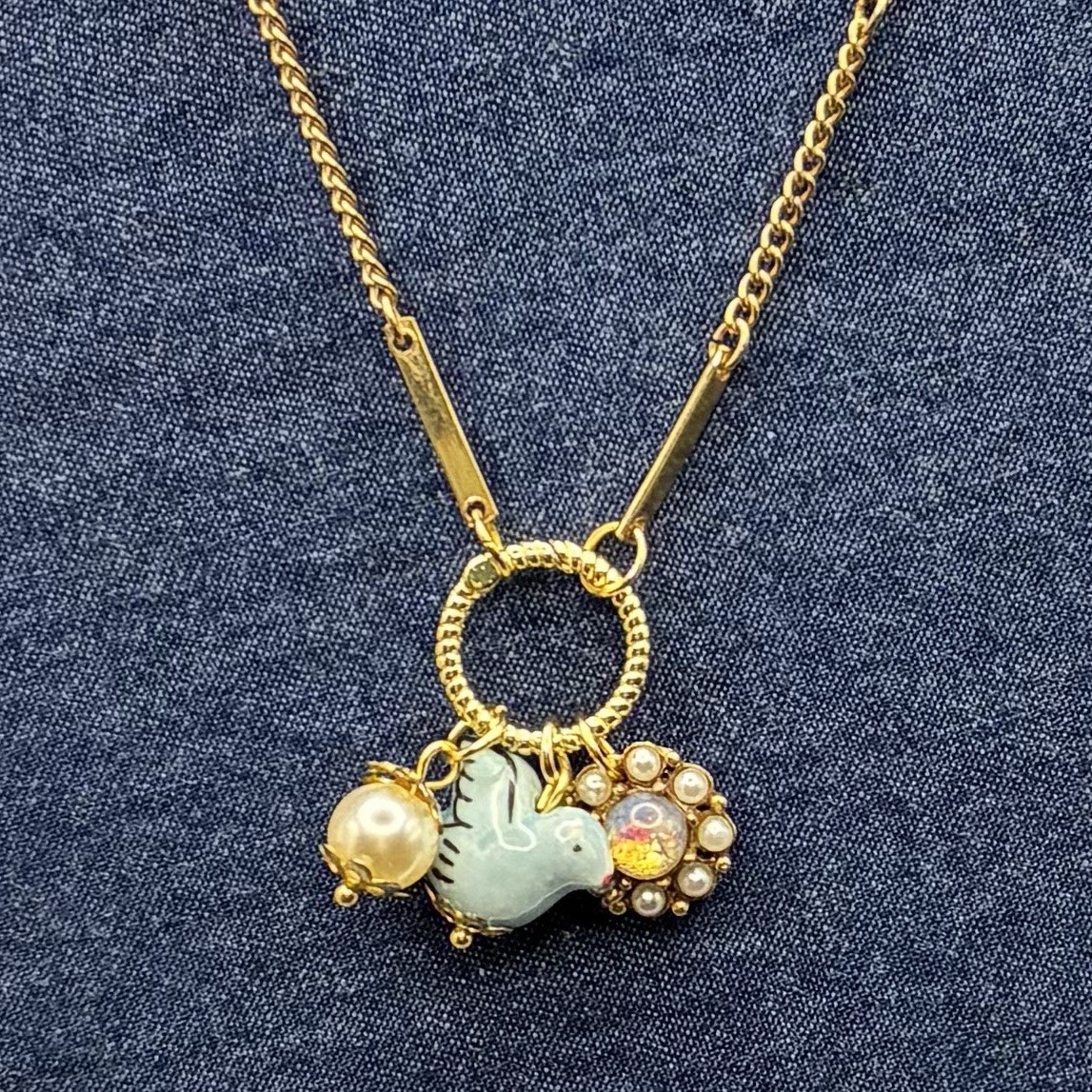 Dainty Vintage Charm Trio, Vtg Gold Plated Chain Necklace, Faux Opal, Bird +