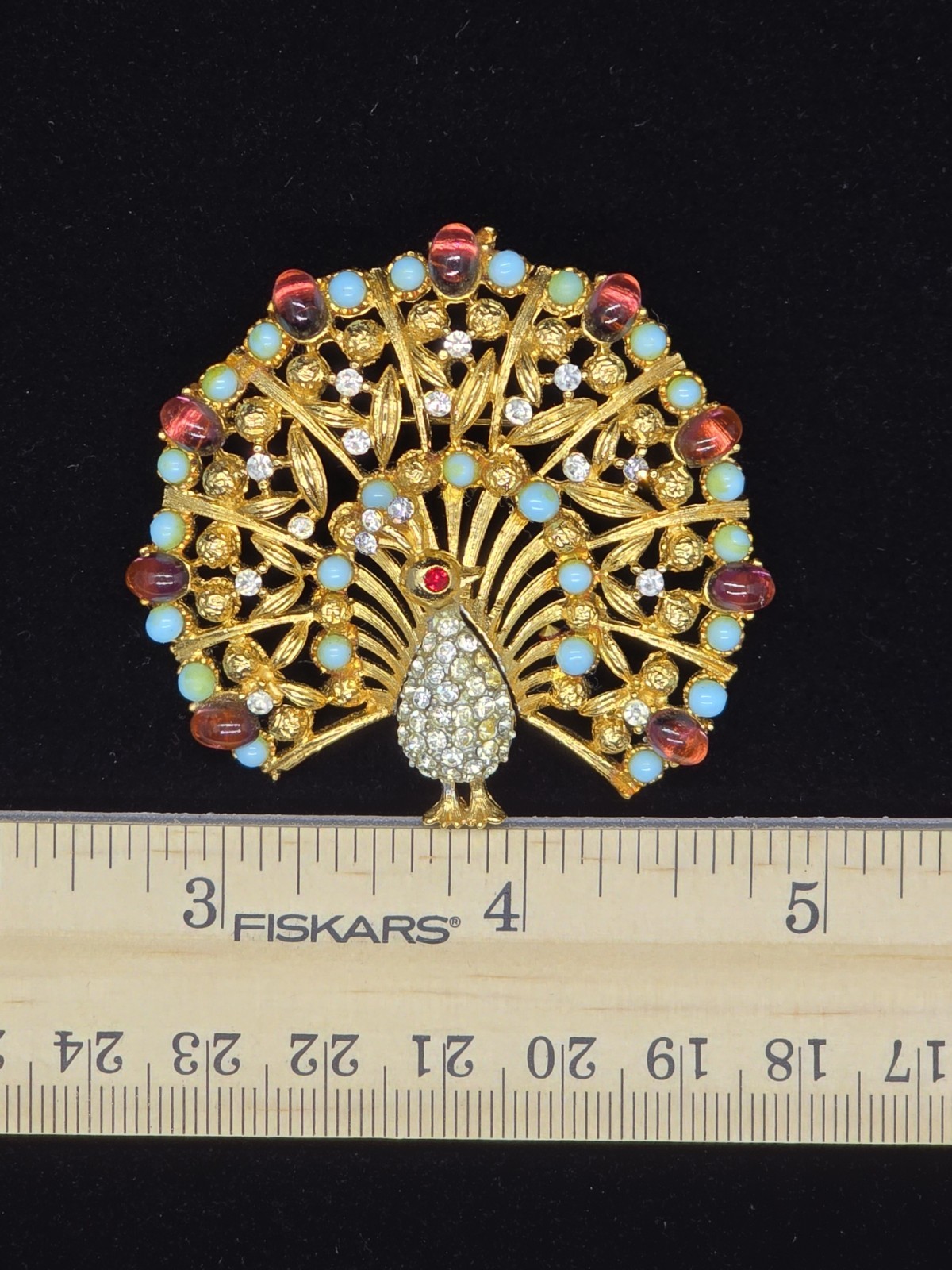 Vtg Signed Lisner Blue Purple Rhinestone Figural Peacock Gold Tone Brooch Pin