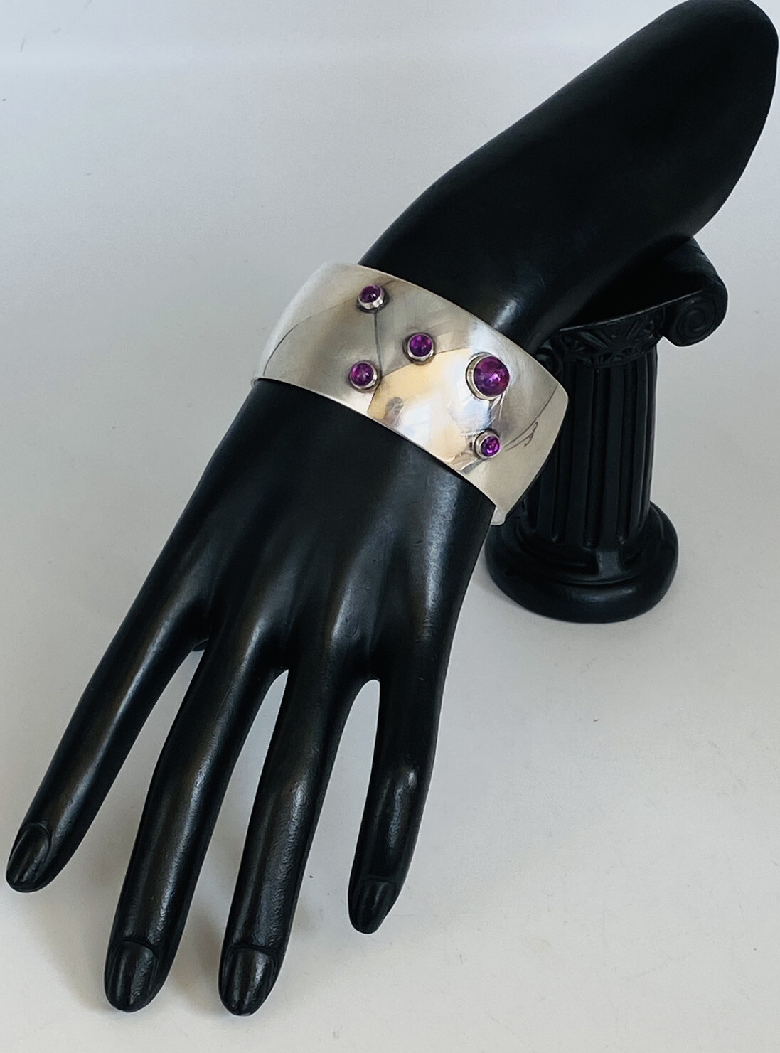 Heavy Vintage N E FROM Denmark Sterling Silver Amethyst Modernist Cuff Bracelet