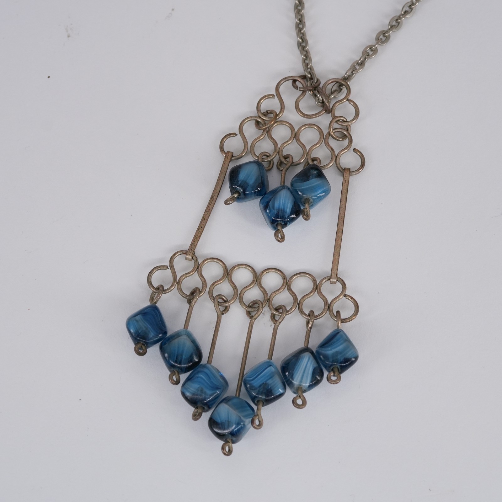 Wire Pendant Statement Necklace Blue Porphyry Glass beaded Drop 1970s VTG | 26″