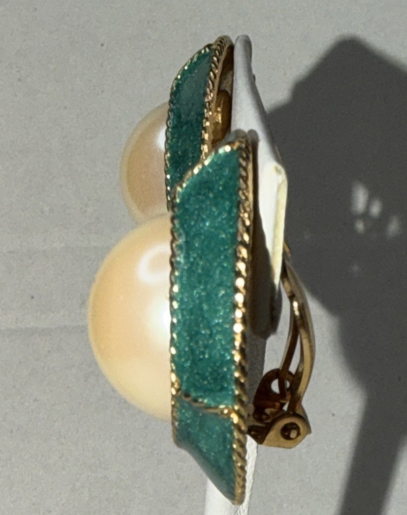 Vintage Gay Boyer Green Enamel Faux Pearl Gold Accent Clip-On Earrings