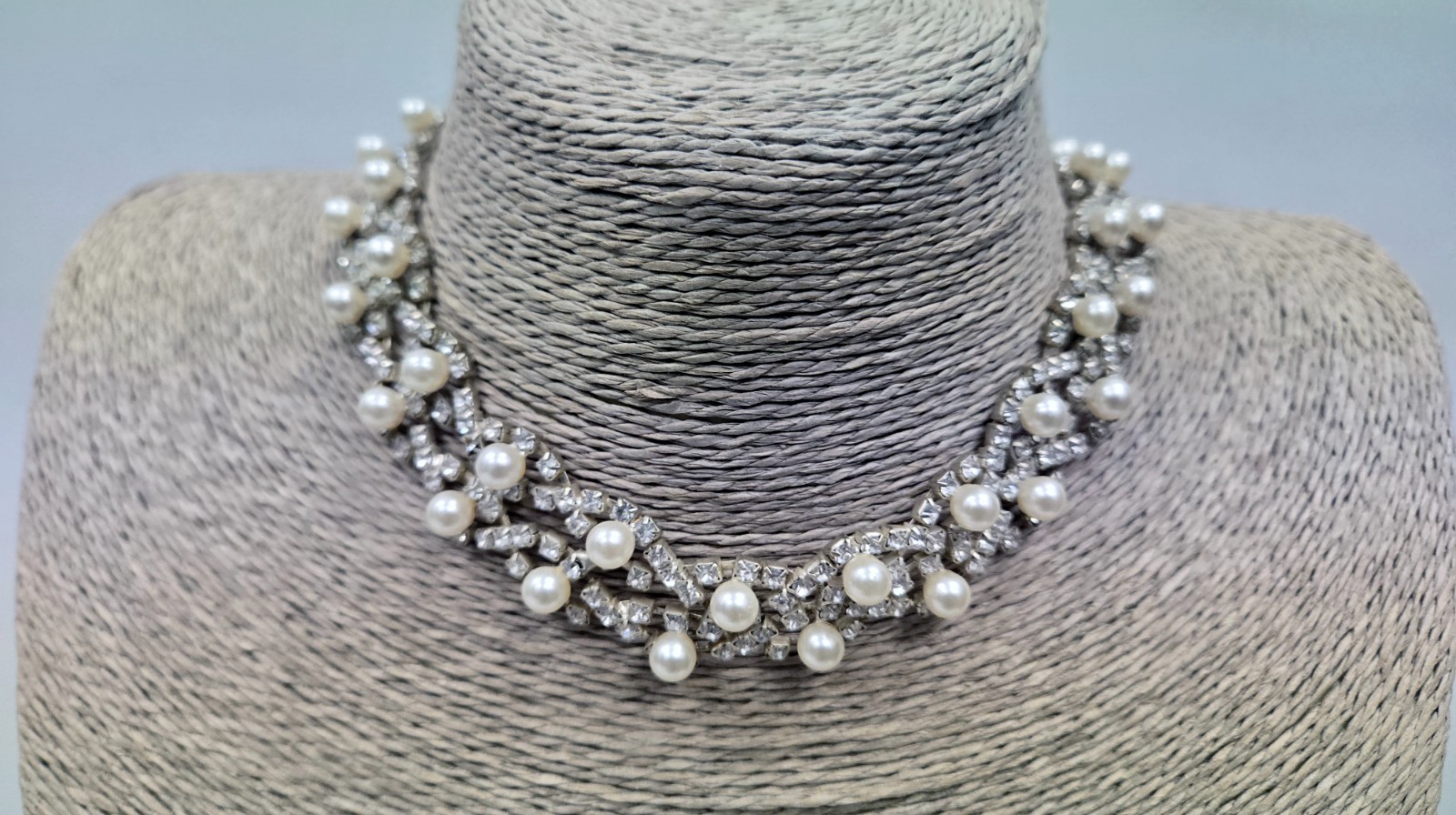 Vintage Faux Pearl & Rhinestone Choker Necklace Adjustable Hook Clasp