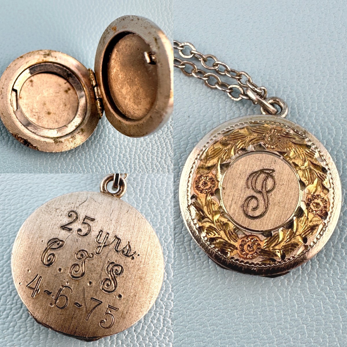 Vintage Locket Necklace Sterling 925 Gold Tone Inlay Letter P 1975 Engraved