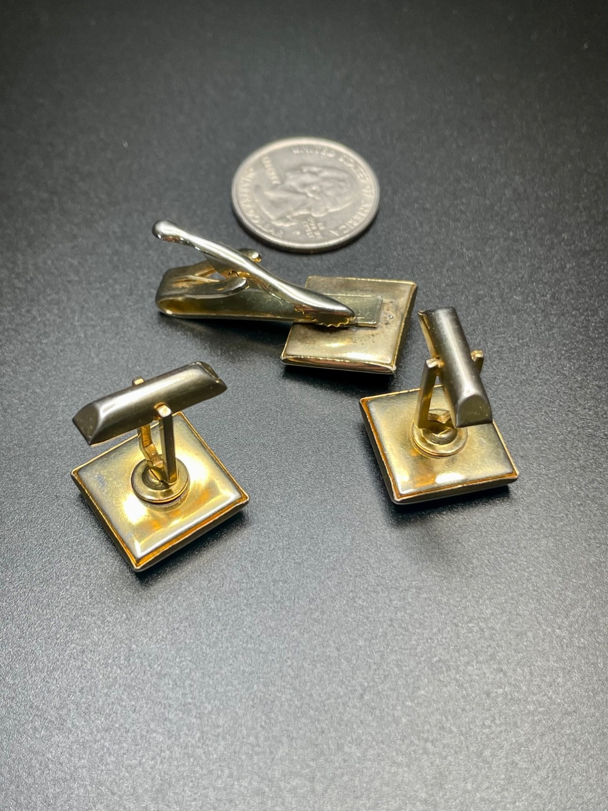 Vintage Male Profile Warrior Beard Cufflinks and Tie Clip MCM Gold and Black