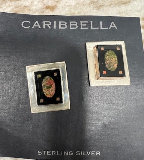 Carabella Sterling Silver 925 Square Enamel Pierced Earrings Mexico STUNNING!