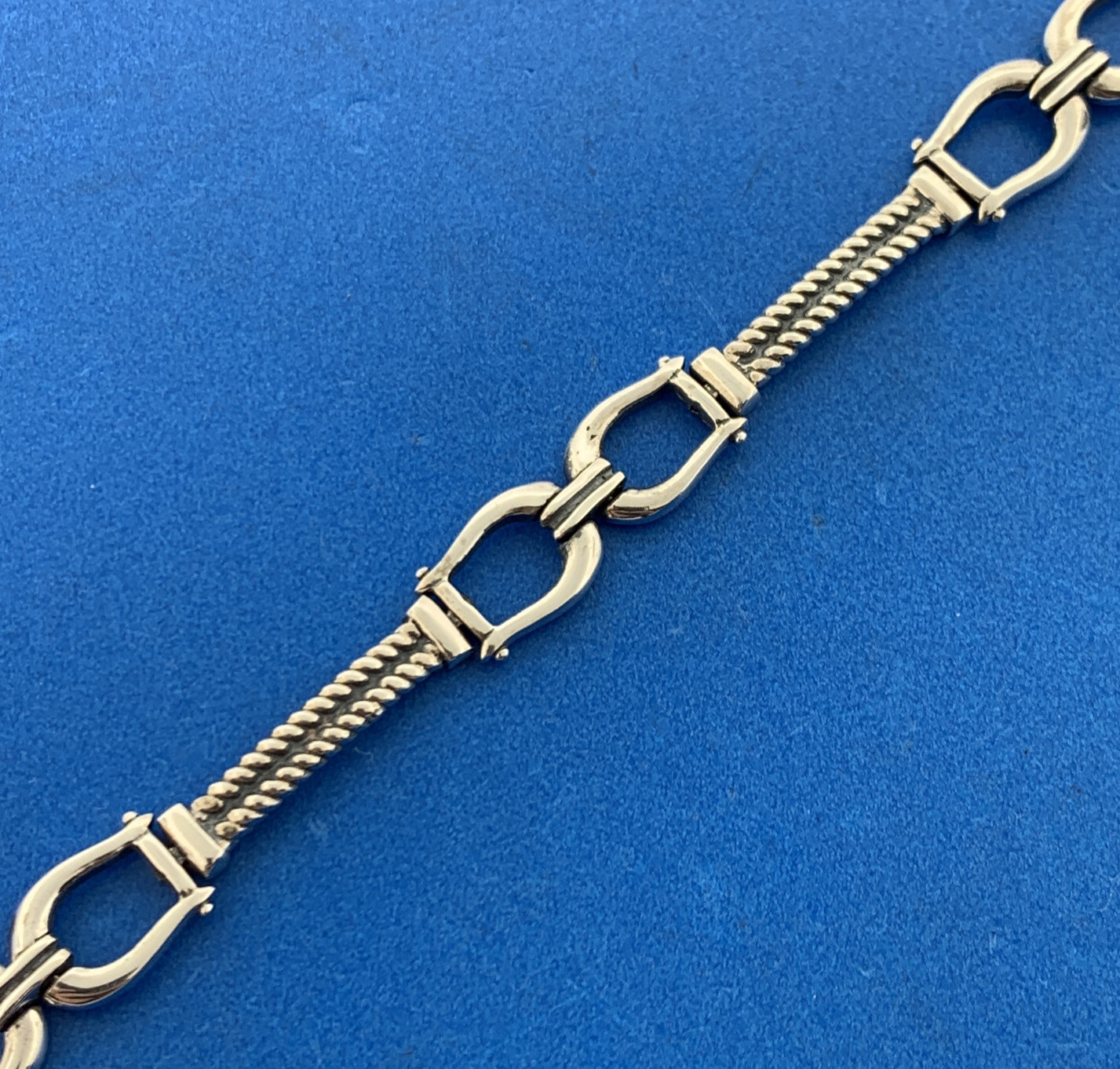 Vintage 925 Sterling Silver Belt Buckle Station Ribbed Bar Link Chain Bracelet