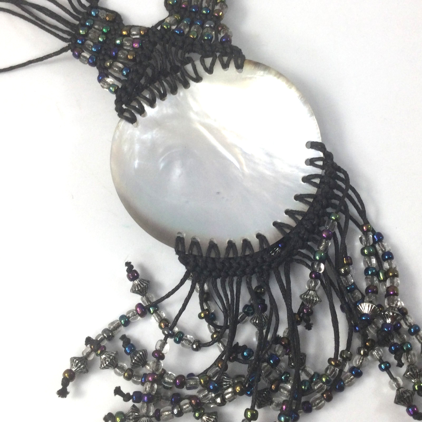 Vintage Woven Wax Tread and Shell Pendant Necklace Black Blue Silver Beaded 18″