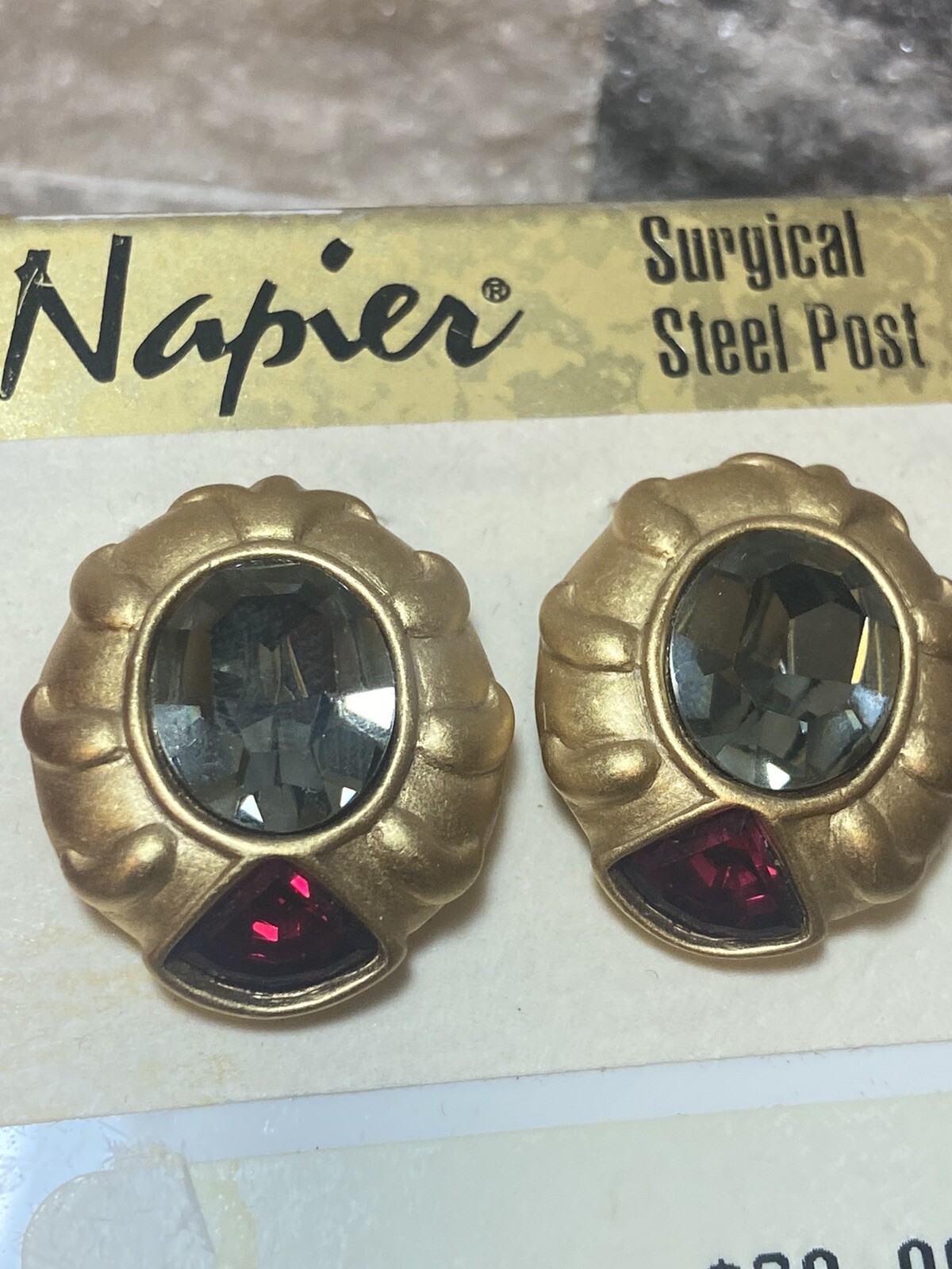 Vintage NAPIER Ruby Smokey Topaz Faceted Crystals Earrings Brushed Gold Art Deco