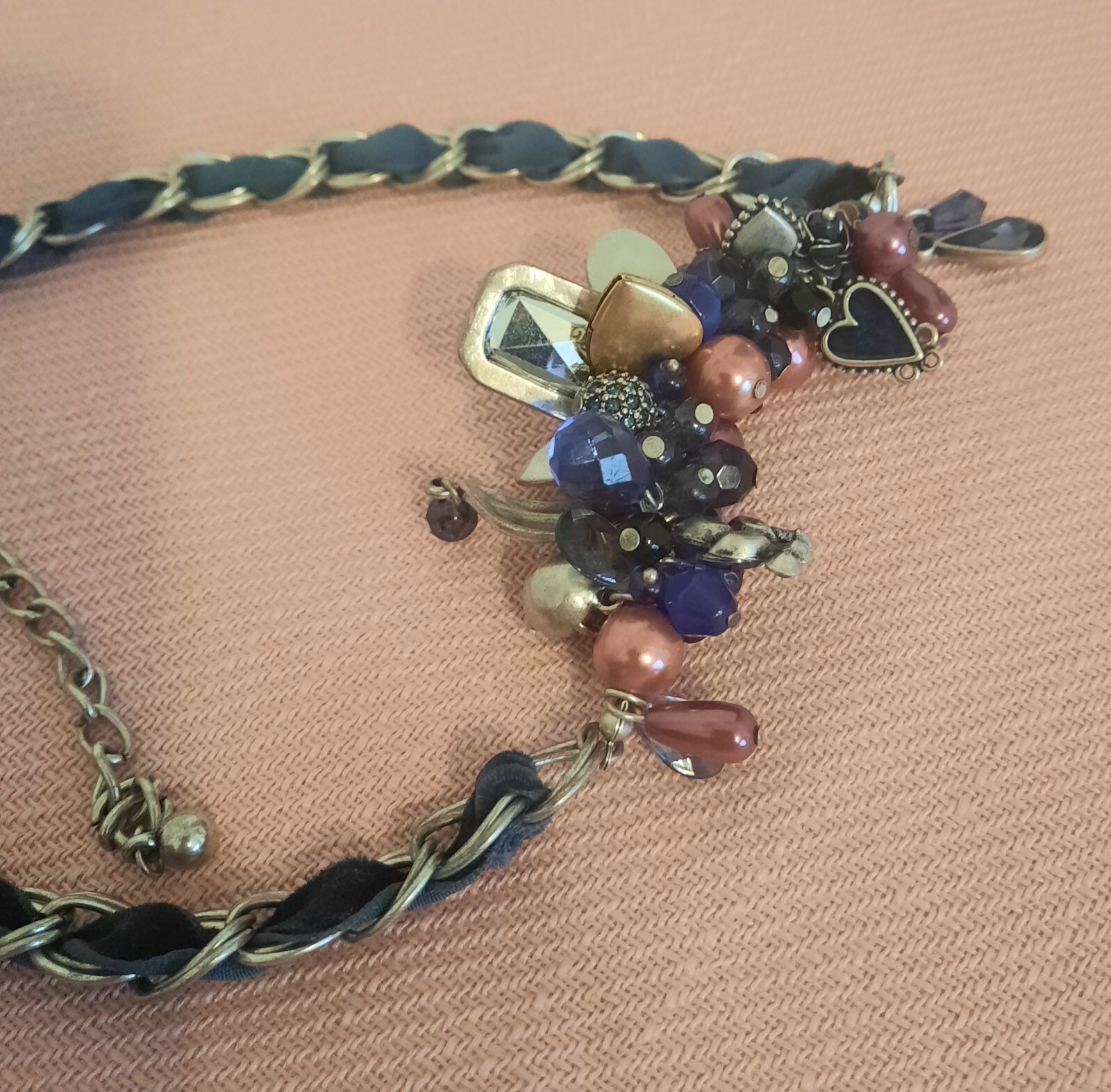 BLUE AND PURPLE RIBBON CHAIN CLUSTER CHARM NECKLACE*HEART*ANGEL*LOCKET*BEADS