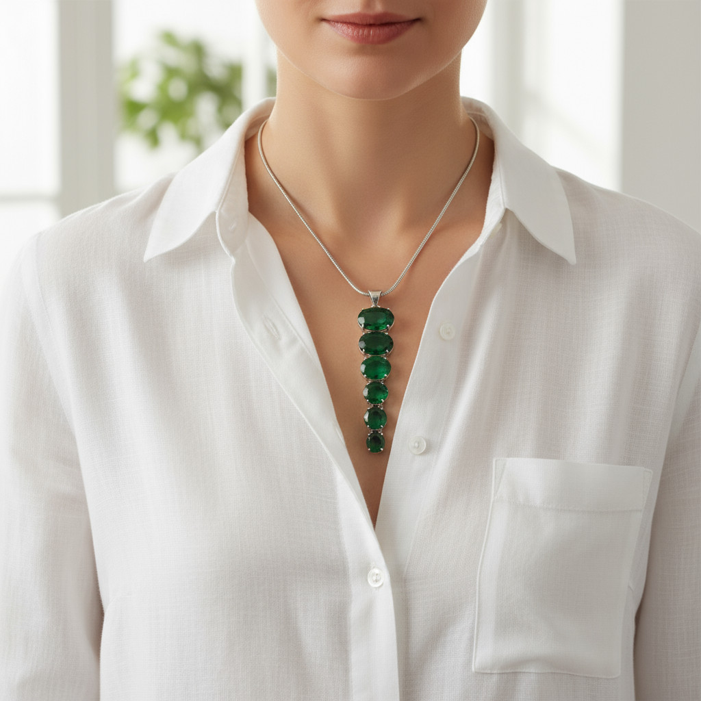 Emerald Sterling Silver Pendant Necklace: Colombian Oval Gemstone, May Birthston