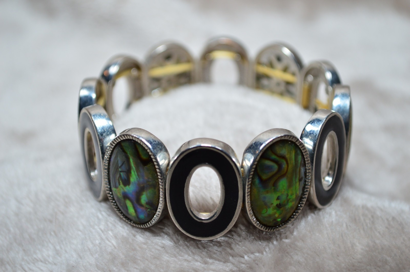 Vintage Inlaid Abalone Shell Stretch Bracelet Boho Chic Earthy Coastal MCM